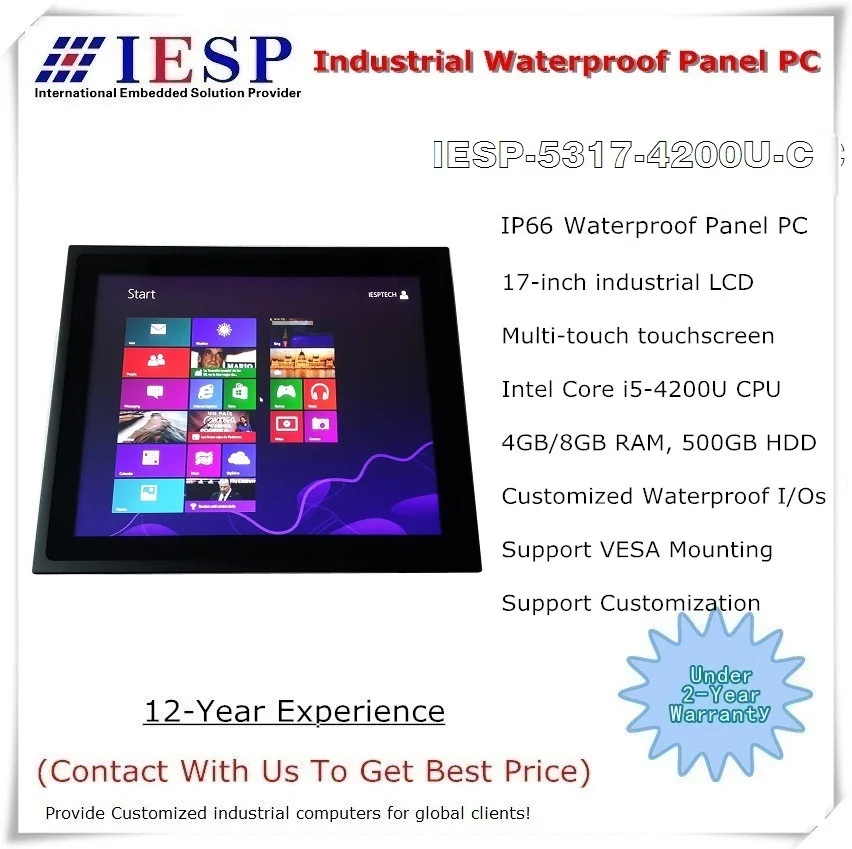 

Waterproof Panel PC, 17 inch LCD, Capacitive Touchscreen, Core i5-4200U CPU, 4G DDR3, 500GB HDD, fanless industrial computer