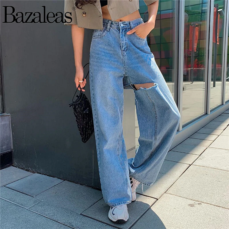 Bazaleas harajuku винтажные прямые брюки Дырчатые Джинсы женские хлопковые свободные джинсы модные с высокой талией женские джинсы в стиле панк