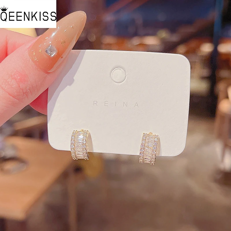 

QEENKISS EG7287 Fine Jewelry Wholesale Woman Birthday Wedding Gift Semicircle Zircon 925 Sterling Silver Needle Stud Earrings