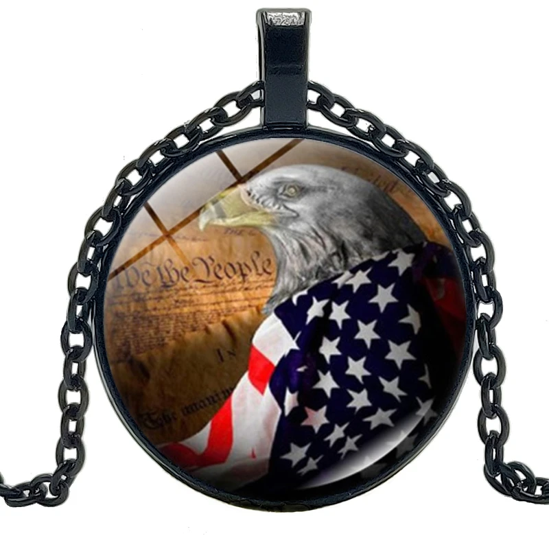 

hot / 2019 New Jewelry Statement Necklace American Flag Eagle Creative Time Glass Convex Round Pendant Necklace Children's Gift