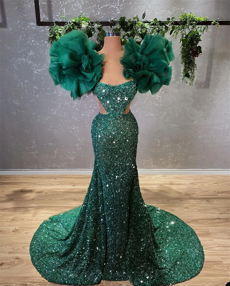 

Hunter Green Mermaid Prom Dresses Sequins Tiered Ruffles Evening Dress Custom Made High Neck Floor Length Party Gown