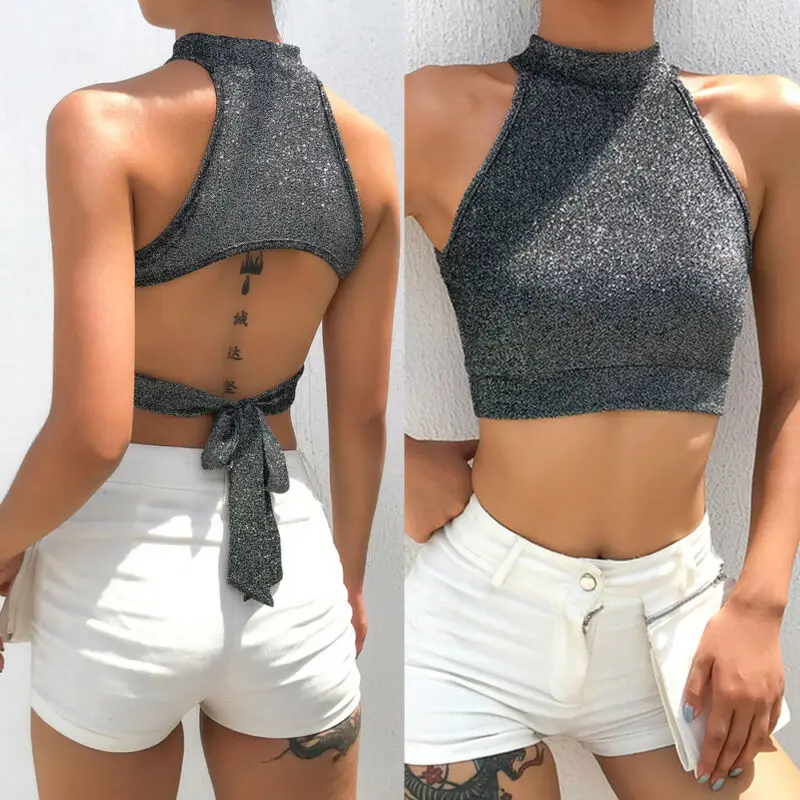

Summer Women's Sexy Off-shoulder Tube Crop Tops Strapless Bra Tank Tops Vest Ladies Sexy Backless Strappy Sparkling Crop Tops