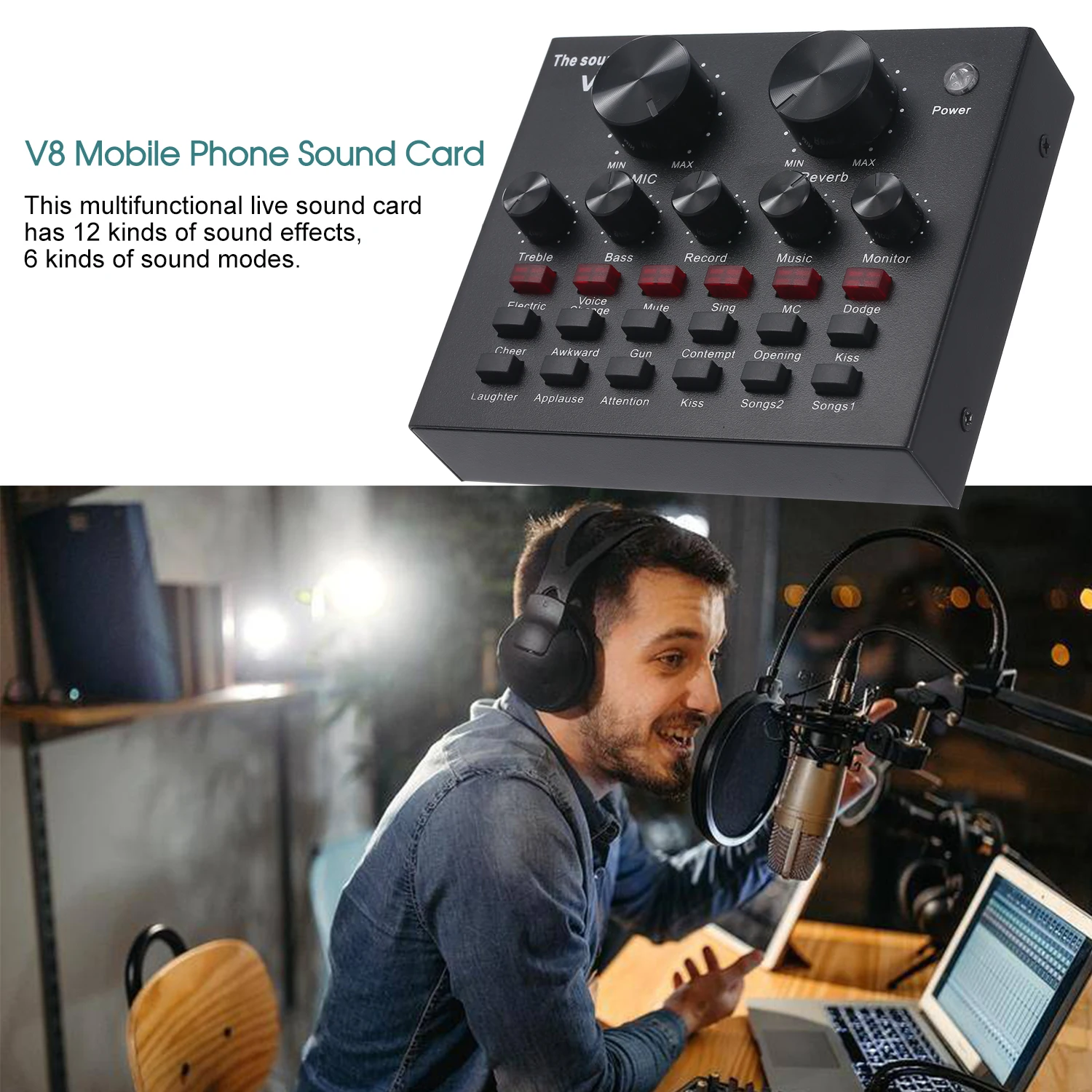 V8 мобильный телефон звуковая карта Bluetooth Mic Live USB внешняя DSP чип 12 звуковых