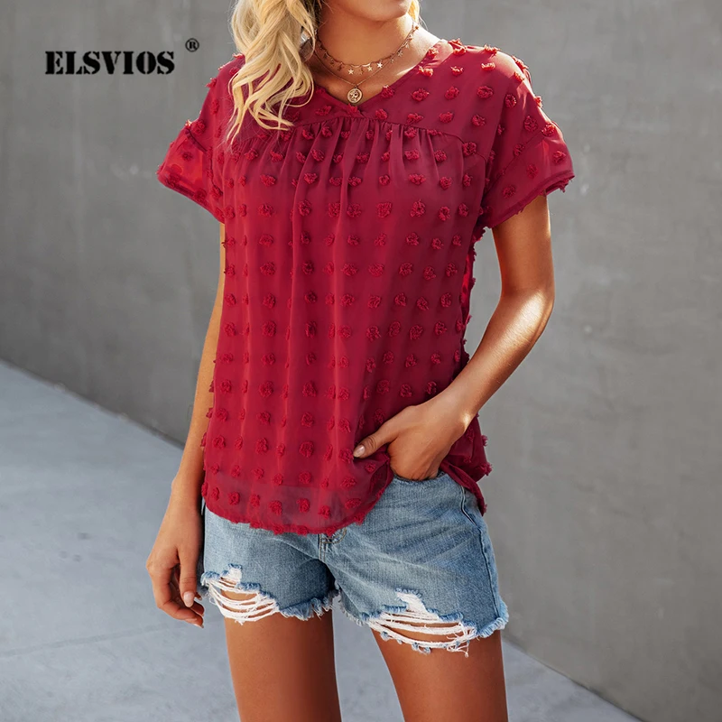 

Женская плиссированная футболка, однотонная свободная футболка с V-образным вырезом и коротким рукавом, летняя повседневная Уличная одежда для офиса