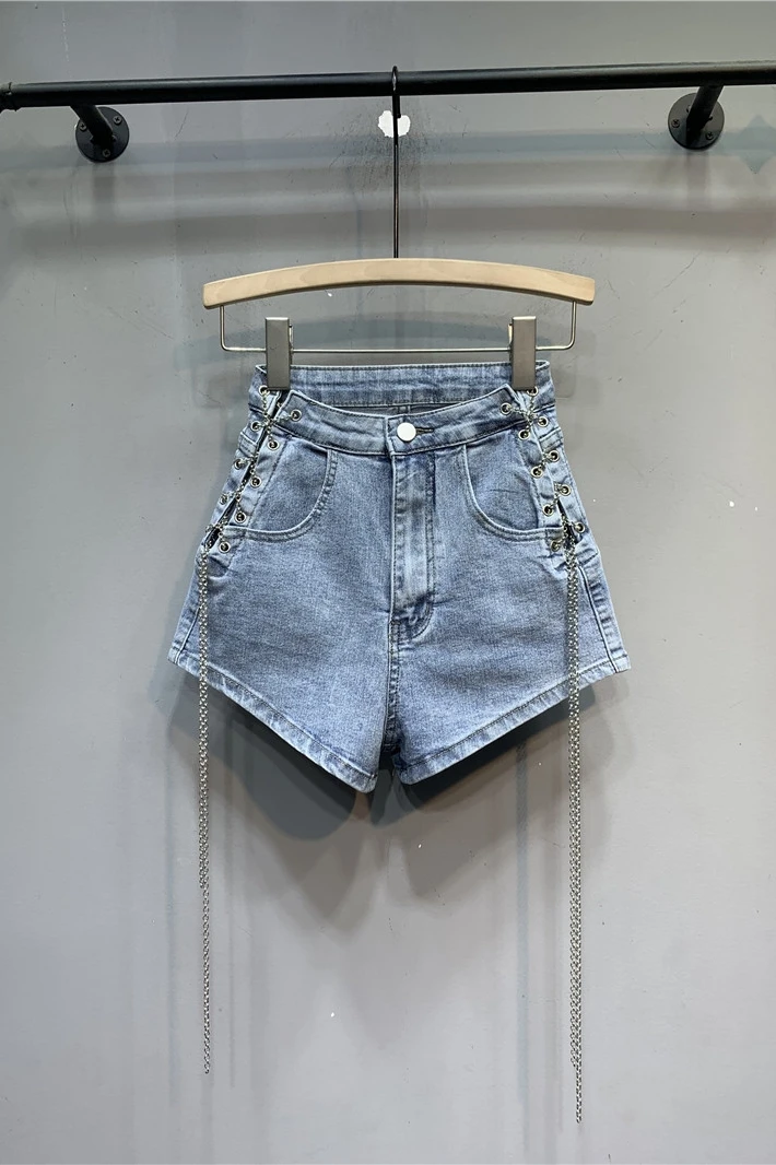 

Blue Wide Leg Bandage Denim Shorts for Girls 2021 Summer Elastic Slimming A Line Hot Pants Lady High Waist Casual Short Pants