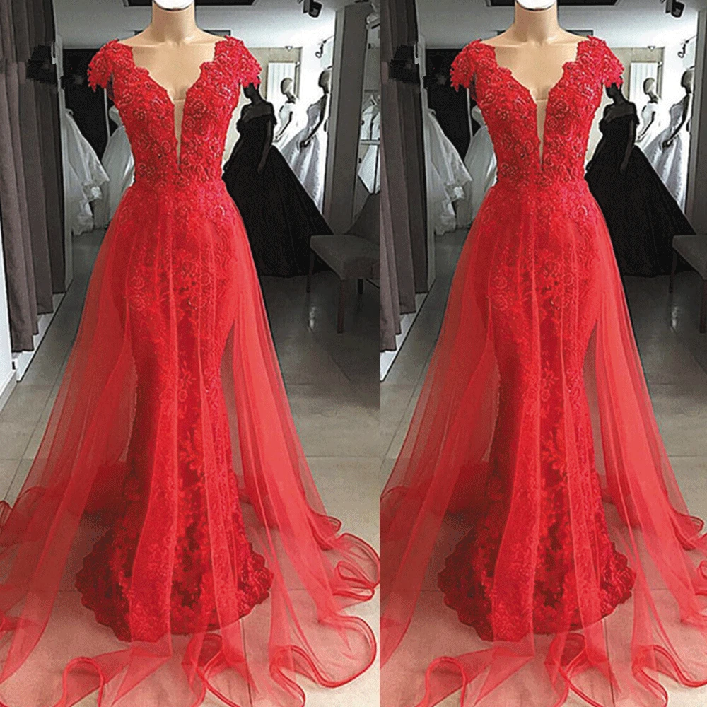 

SuperKimJo Red Lace Prom Dresses Long Vestidos Largos De Fiesta Beaded Elegant Prom Gown Gala Jurken Vestido De Festa