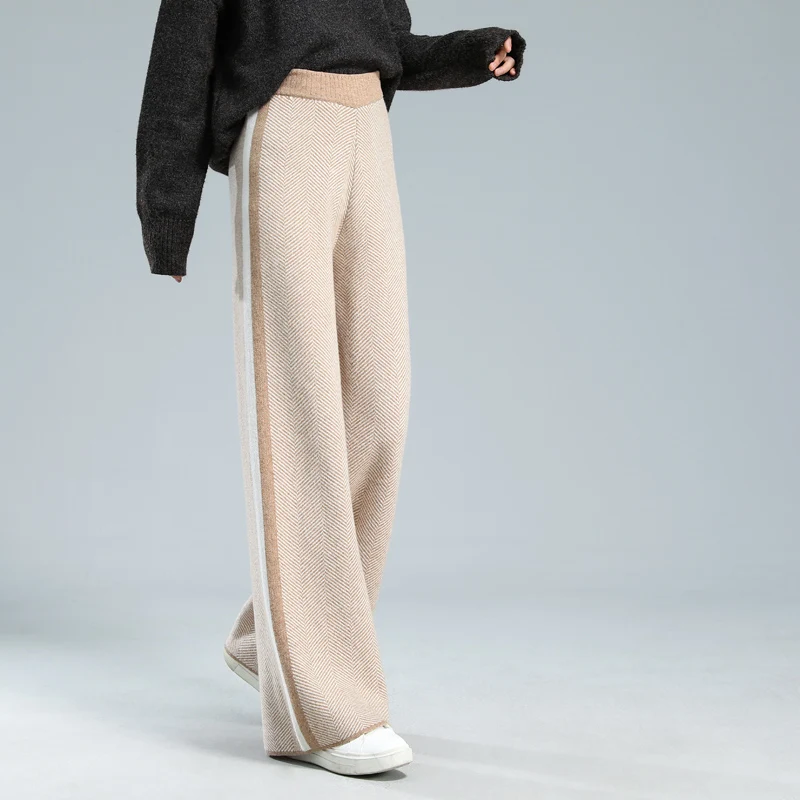 2021 New Autumn Winter Women 100% Wool Pants Soft Waxy Comfortable High-Waist Knitted Female Cashmere Thicken Wide Leg Pant