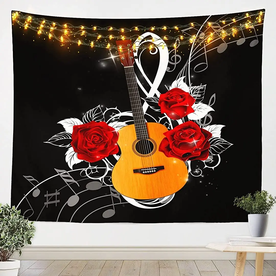 

Homewish Floral Red Flowers Wall Hanging for Dorm Bedroom and Living Room Music Note Guitar Decor Tapestry Soft Microfiber