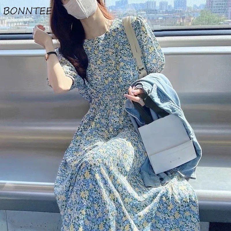 

Short Sleeve Dress Women Casual Flower O-neck Lady Mid-calf Elegant Popular Korean Style Girlish Sundress A-line Summer Trendy