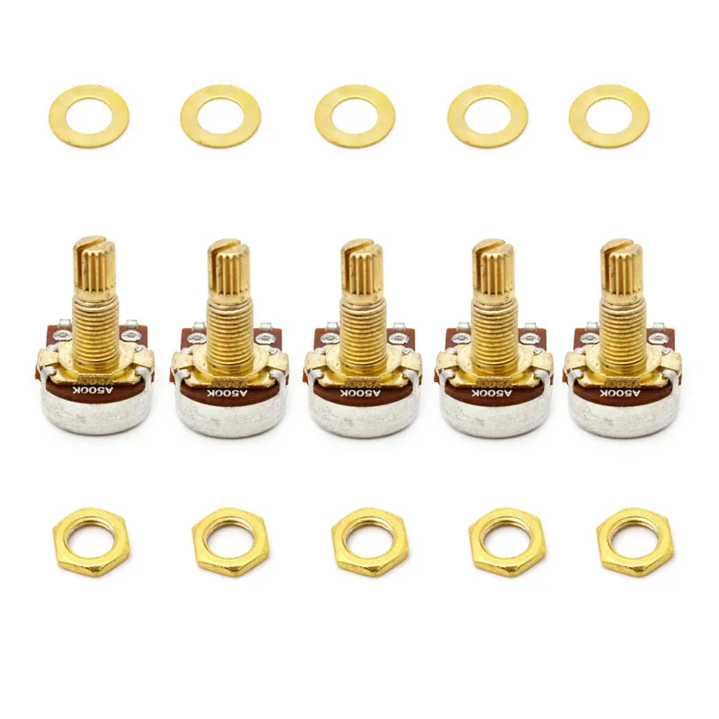 

5pcs A500K Potentiometer Splined Pot Electric Guitar Bass Effect Amp Tone Volume 18mm Shaft Parts Golden