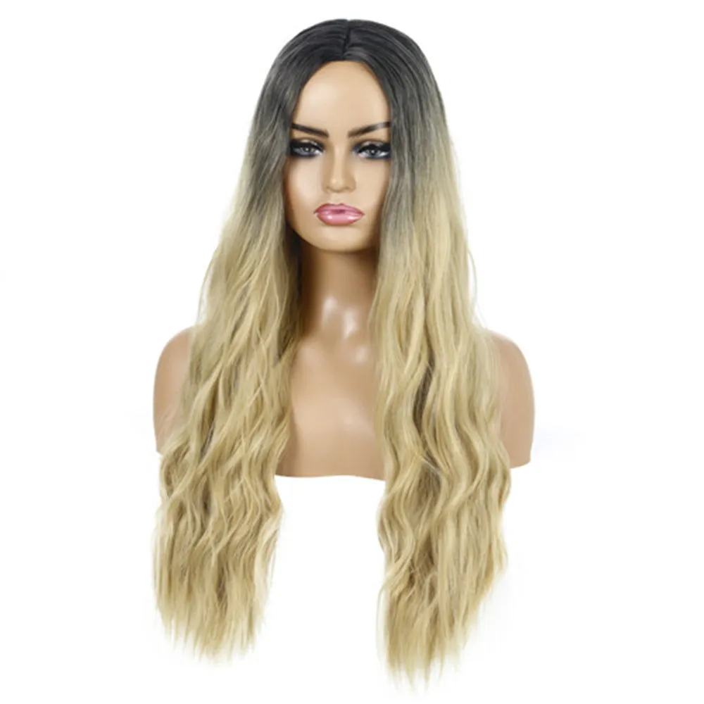 

Women 26 Inches Long Wavy Synthetic Wig Omber Black Blonde Colors Hair Wig Heat Resistant Fiber For Girl Party Cosplay Use