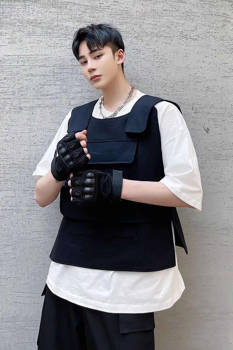 

IEFB 2021 New Personality Trend Pasted Function Tactics Versatile Vest Sleeveless Black Waistcoat Causal All-match Tops 9Y6836