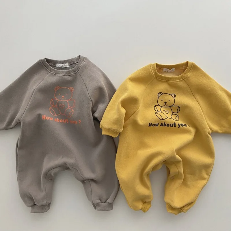 

2022 Autumn New Baby Boy Rompers Infant Kids Girls Long Sleeve Jumpsuit Cartoon Bear Print Newborn Cotton Clothes 0-24mnths