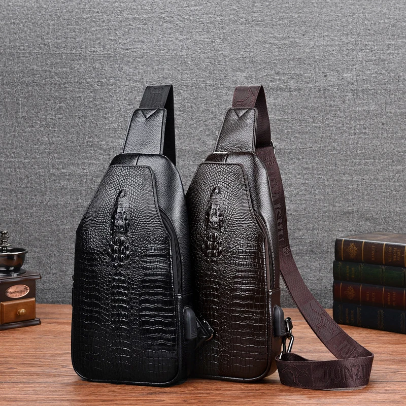 

2021 Men Chest bag Messenger Bags Leather USB charging Casual Men's Travel Shoulder Bags Crocodile pattern Crossbody Bag