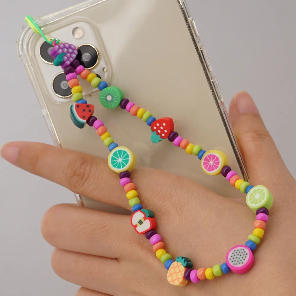 2021 New Colorful Rice Beads Mobile Phone Chain Female Cute Soft Pottery Fruit Beaded Hanging Jewelry Accessories |