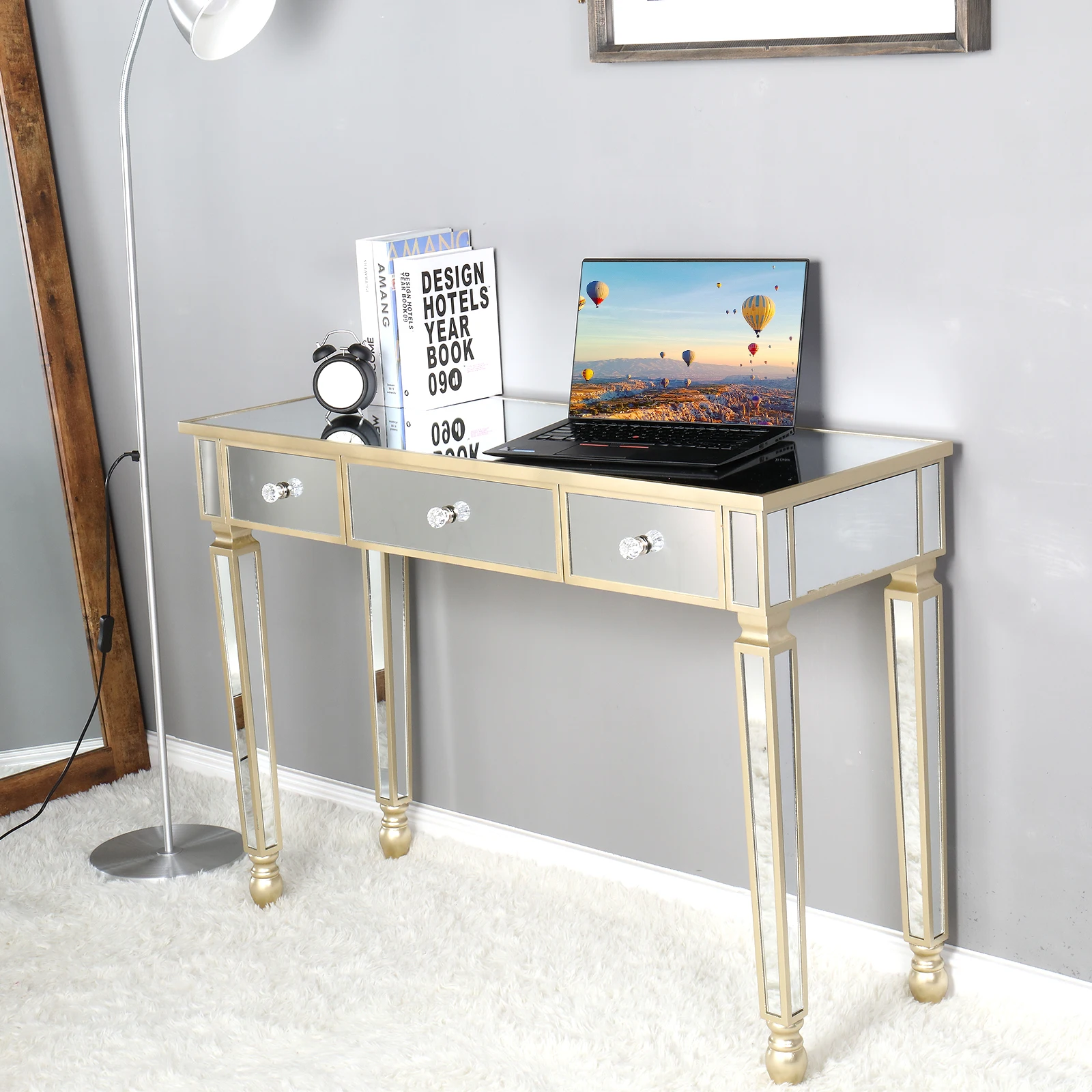 

Mirror Surface Dressing Table 3 Drawers Dresser Console Table Computer Desk Density Board 2-Color 106x38x76.5CM[US-Stock]