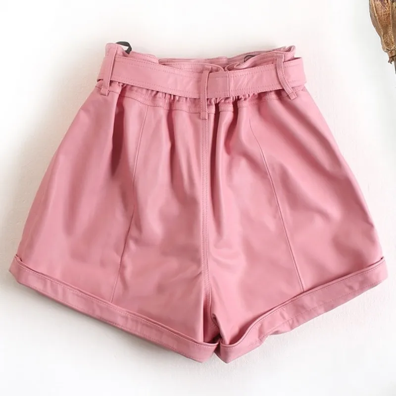 Pink Genuine Leather Shorts Women Casual Elastic High Waist Wide Leg A-Line Shorts Autumn Winter Pocket Loose Sheepskin Shorts