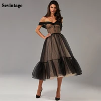 sevintage off the shoulder dot tulle prom dress 2021 sweetheart sleeveless evening dresses tea length a line party gowns