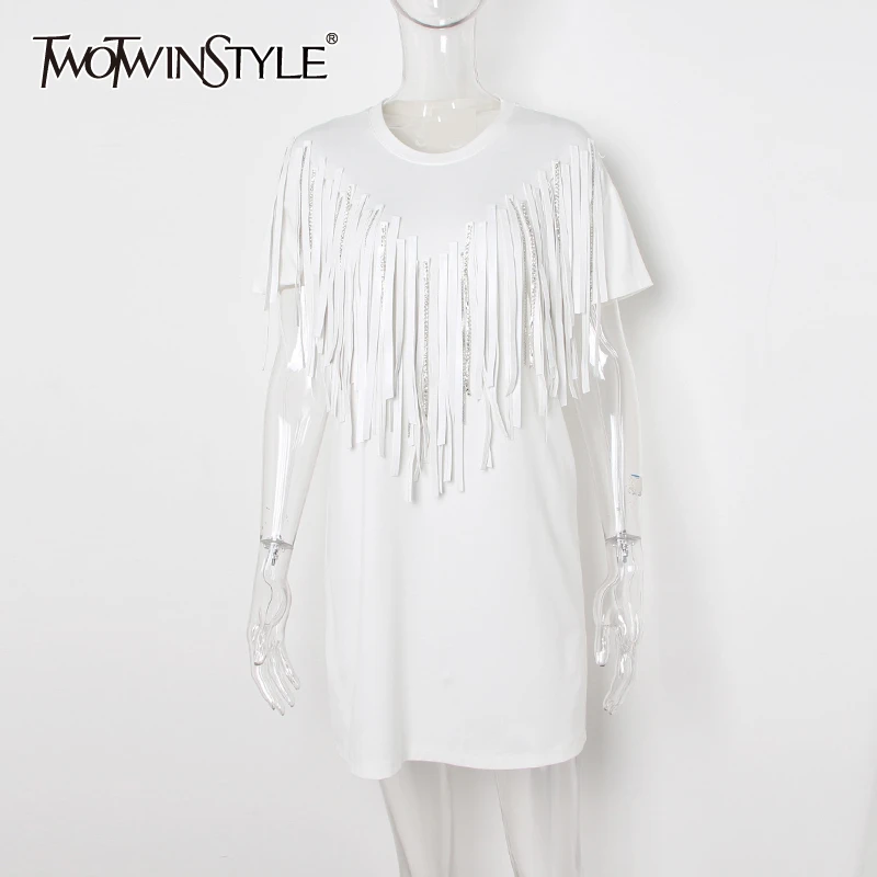 

TWOTWINSTYLE White PU Tassels Bead Chain Dress Female Short Sleeve Mini Dresses Women Casual Clothes Korean 2020 Summer Clothes