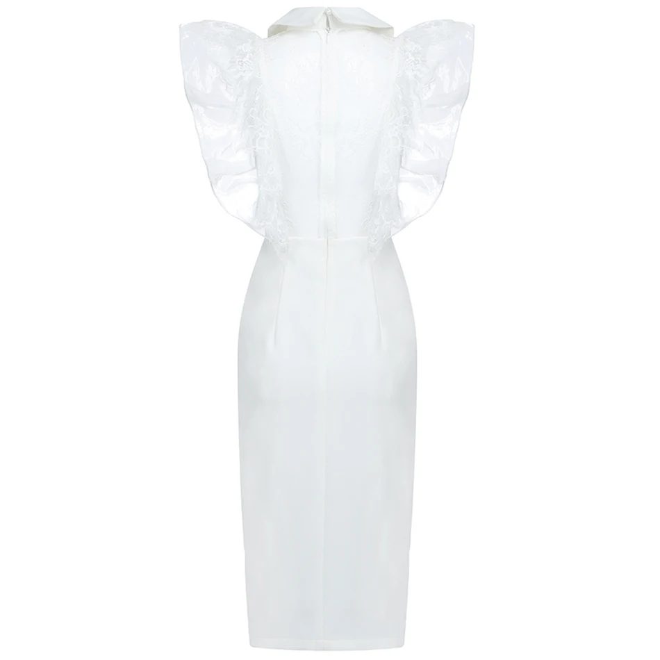 

2020 Summer New Women'S Chic White Lace Patchwork Button V-Neck Split Midi Dress Bodycon Club Party Dress Vestidos