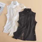 Женская блузка без рукавов с воланом и воротником-стойкой, прозрачная сетчатая майка на пуговицах, топ, однотонная Повседневная Свободная шифоновая базовая одежда