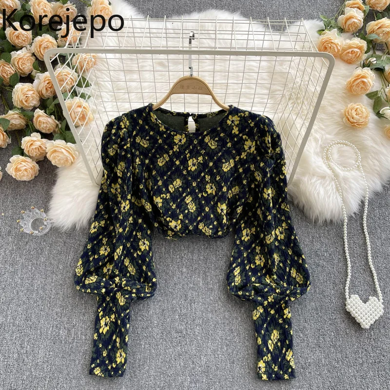 

Korejepo French Retro Shirt Floral Printing New 2021 Korean Chic Style Fashion Puff Sleeve Temperament Women's Top Fashion