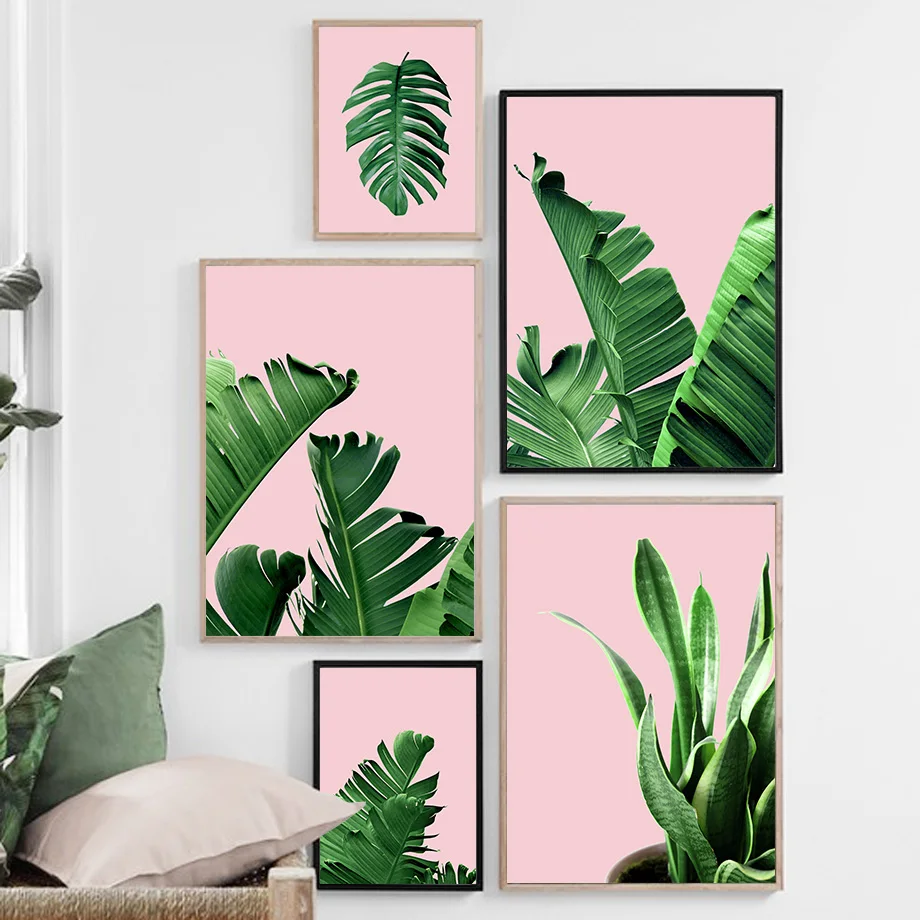 

Green Pink Tropical Plants Leaves Wall Art Canvas Painting Nordic Posters And Prints Wall Pictures For Living Room Club Decor