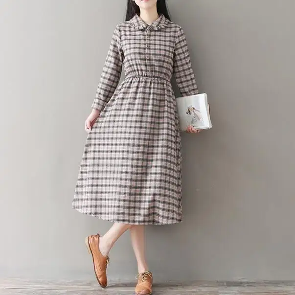 Весенне осеннее женское элегантное клетчатое платье миди с воротником Питер Пэн