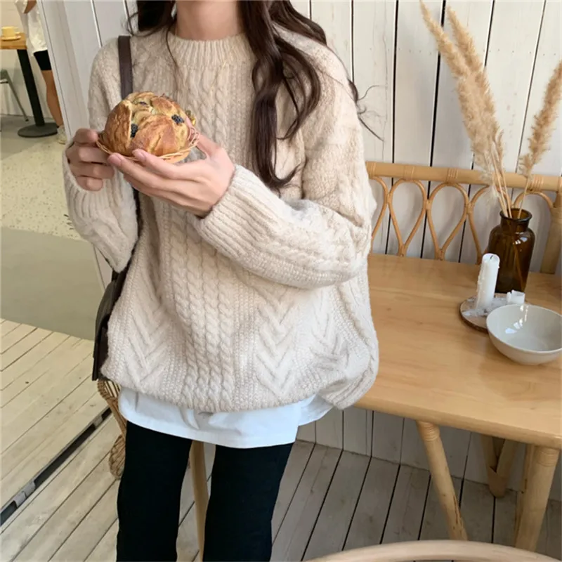 Женский вязаный свитер Hzirip толстый теплый пуловер с круглым вырезом винтажный