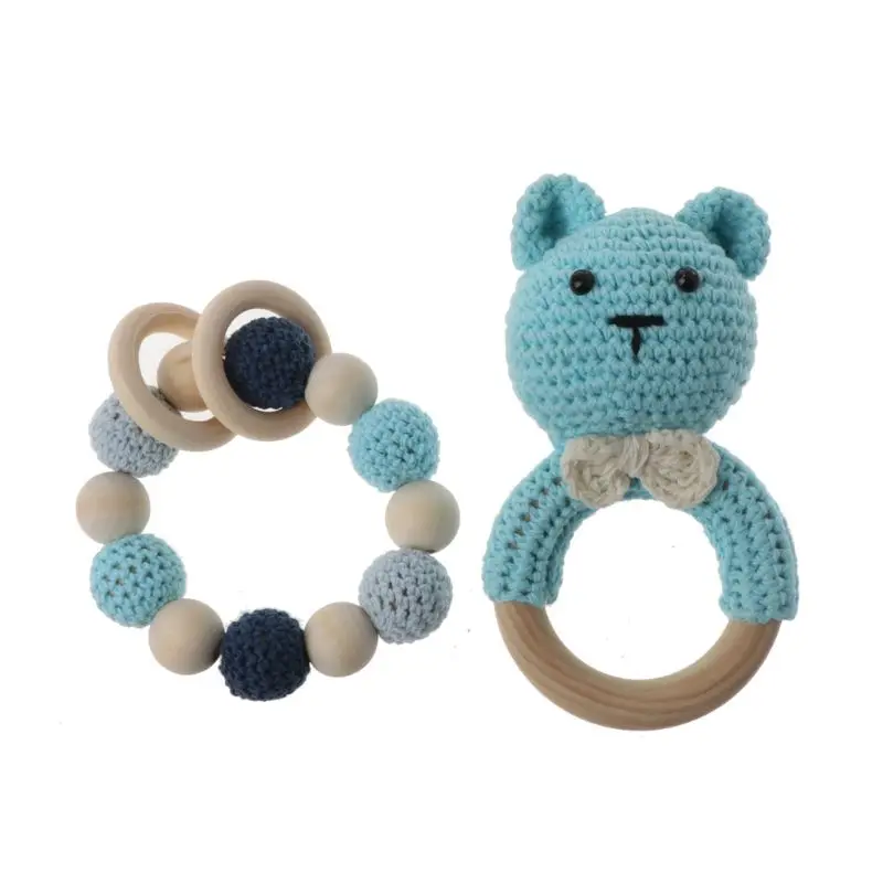 

Baby Wooden Teether Bracelet Set Crochet Animal Teething Rattle Ring Chewing Toy