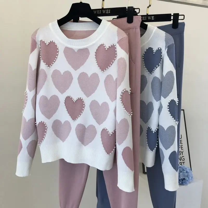 

Fashion Love printed knitted two peice suit women long sleeve sweater tops and solid colors casual pants female korean suit