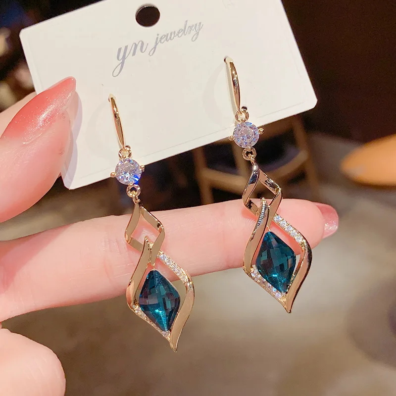 

Light Luxury 14K Real Gold Geometric Rhombus Blue Crystal Long Diamond High-end Stud Earrings for Women Cubic Zircon ZC Earrings