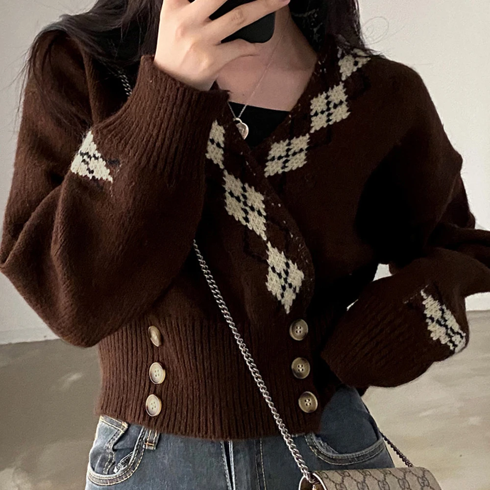 

V-neck Double Row Buttons Cropped Sweater Women Autumn Rhombus Knitwear Sweaters Short Design