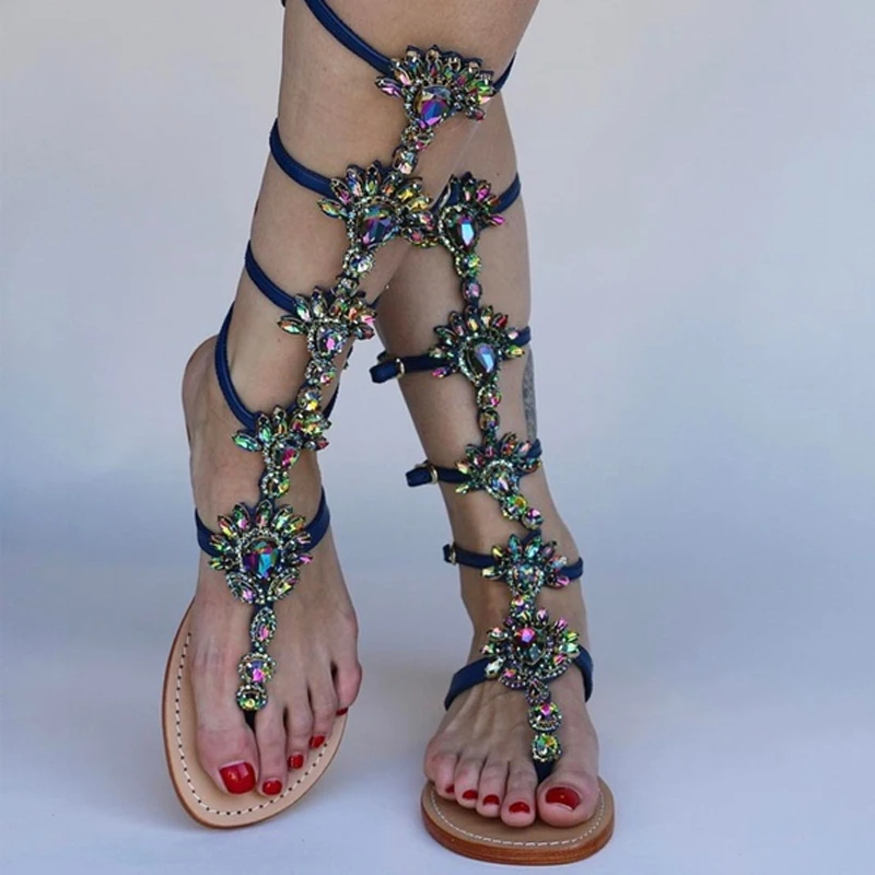 Summer Women Flats Boots Flip Flops Sandals Gladiator Gold  Rhinestone Knee High Strap Thin Leg Crystals Beach Super  Nice Shoes