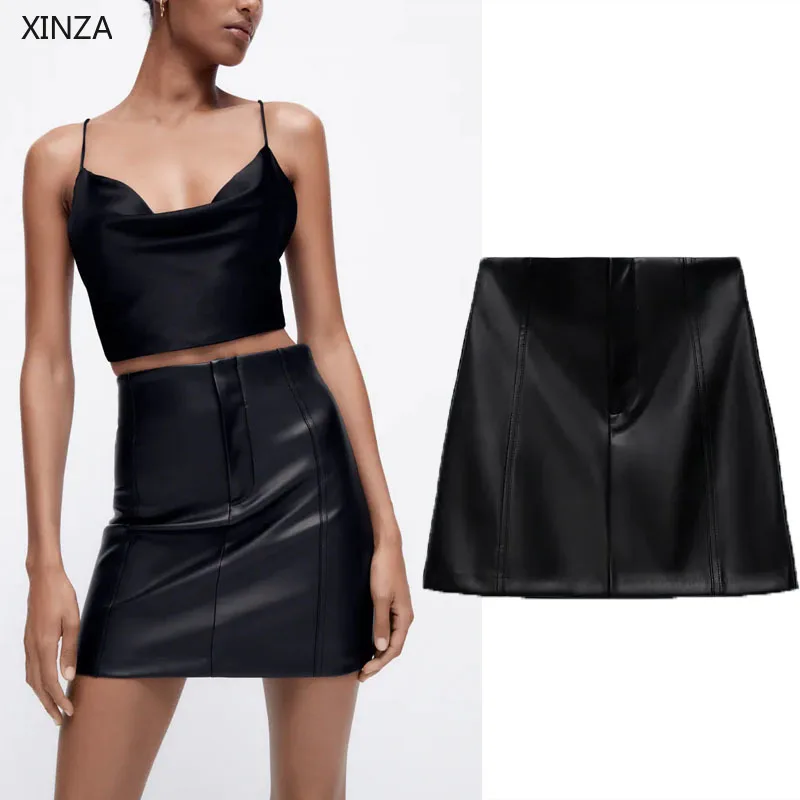 

Women Black High Waist Pu Leather Skirt Za 2021 Autumn Leatherette Short Skirts Front Zip Buttoned Woman Vintage Mini Skirts