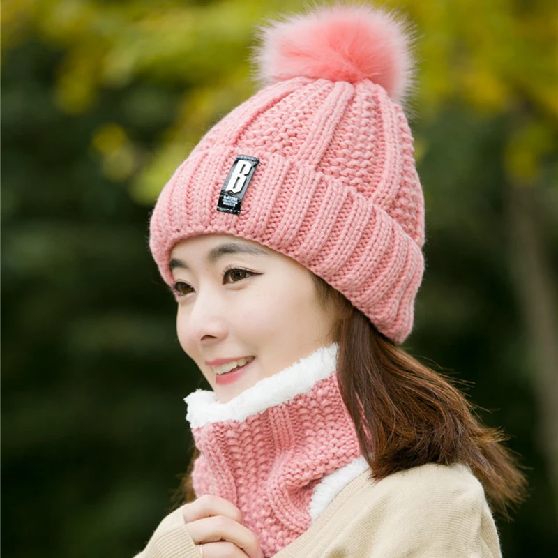 

Fashion Winter Women's hat and scarf set of Hat And Scarf For Women Girl Warm Beanies Hat For Girl Ring Scarf Pompoms Winter Hat