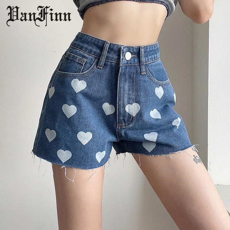 

2021 Summer Women Trousers Love Printing Wide Leg Denim Shorts Women High Waist Slim Casual Pants Jean Shorts Women Summer