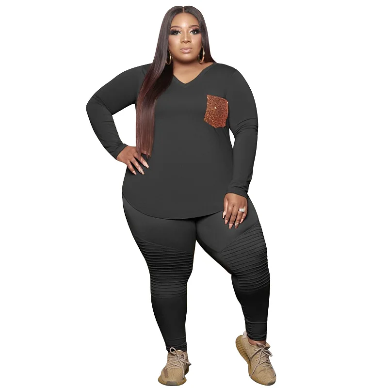 

Cutubly V-Neck Two Piece Outfit Plus Size Fashion Women Solid Pant Set Spring Long Sleeve Skinny Two Piece Set For Women