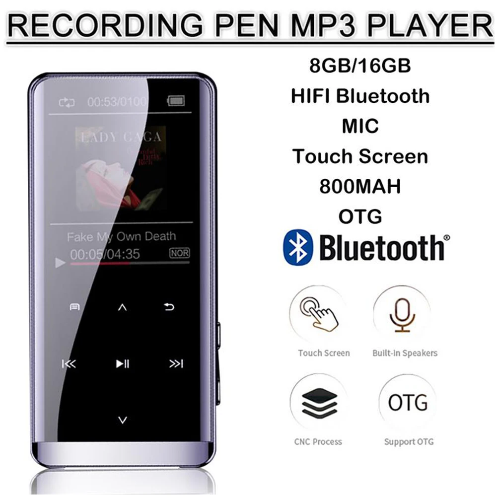 

Bluetooth Portable Mini Ultra Thin Capacitive MP4 Player FM Radio Color Display Multilanguage Touch Screen Lossless HIFI M13