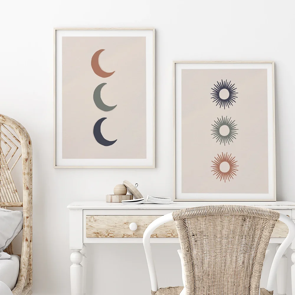 

Boho Abstract Nordic Posters and Prints Beige Gallery Wall Art Canvas Painting Sun Moon Line Art Pictures Decor for Living Room