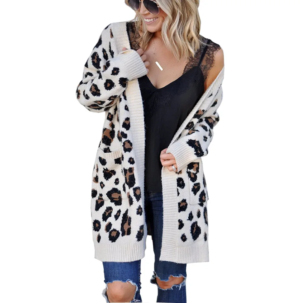 

Autumn Winter Leopard Cardigan Sweater Coat Plus Size Outer Knitted Tops Women Female Long Sleeve Pull Femme Jersey Sueter