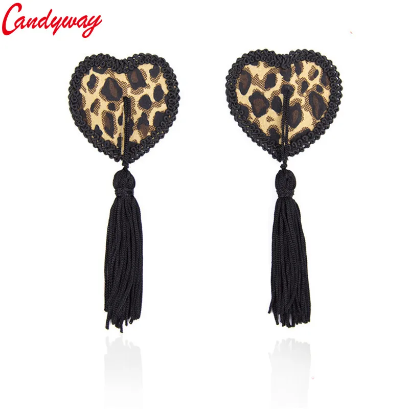 

Candiway Originality Reusable Adhesive Sexy Leopard Heart Shaped Silicone Nipple Pasties With Tassel For Adult BDSM Game