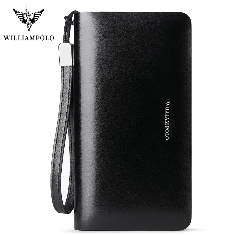 Black Модный Универсальный Мужской кошелек от бренда WilliamPOLO из натуральной воловьей кожи, длинный чехол для телефона с отделением для карт, браслет из воловьей кожи, новинка, на молнии - Цвет: Black