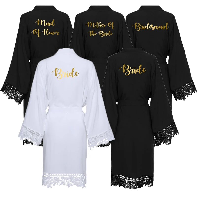 Owiter 2019 Black Solid Cotton Kimono Robes w/ Lace Trim Women Sexy Wedding Bridal Robe Short Belt Bathrobe Sleepwear White Gown