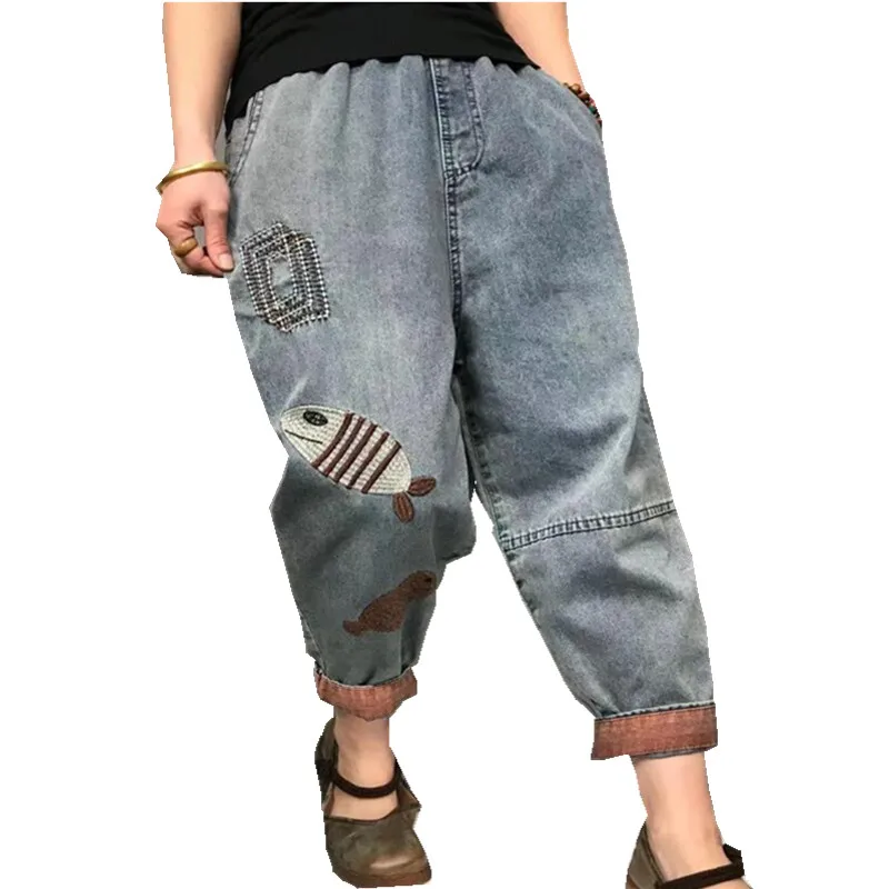 

Женские винтажные джинсы, Свободные повседневные шаровары из денима с эластичной талией и вышивкой, большие размеры, весна-лето 2021