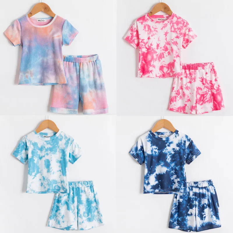 

Toddler Girls Summer Short Sleeve Clothes Set Colorful Tie Dye Printed T-shirt+Pants Solid 1 2 3 4 5 Years Baby Kids Outfits
