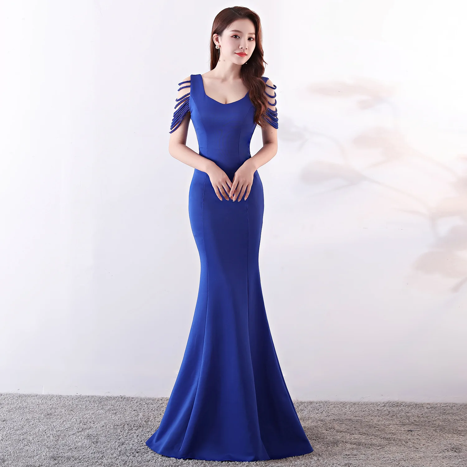 

Royal Blue Mermaid Long Evening Dress for Women Crystal Beading Slim Night Gowns Simple Bridesmaid Elegant Party Dresses 2022