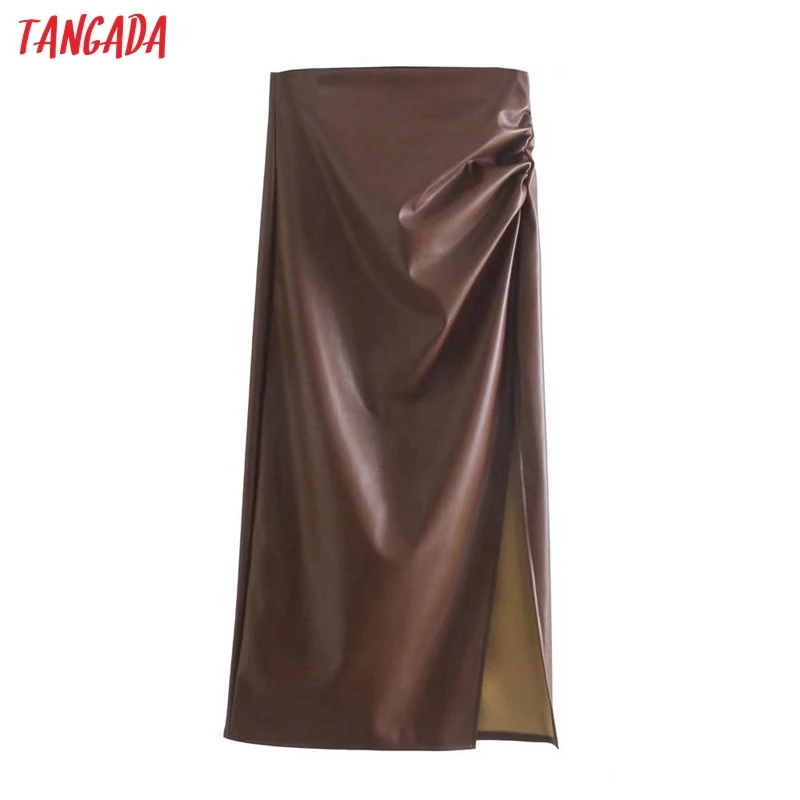 

Tangada New Women Brown Faux Leather Pleated Midi Skirt Vintage Side Zipper Ladies Chic Mid Calf Skirts 3H207