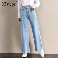 xisteps wide leg loose high waist straight women jeans embroidery letter boyfriend elegant student chic denim pants 2021 spring