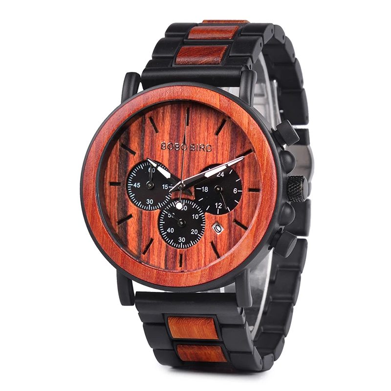 P09-3 BOBO BIRD деревянные часы для мужчин Секундомер Хронограф relojes hombre Показать дату деревянные кварцевые наручные часы Мужские часы в подарочной коробке - Цвет: P09-3